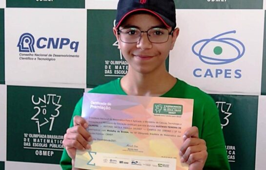 Aluno Jordanense recebe medalha na Olimpíada Brasileira de Matemática das Escolas Públicas